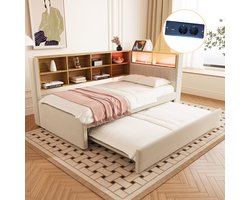 OKWISH Slaapbank 90x200cm - Uitklapbaar 90x190cm - Met LED en Oplaadpoorten (USB/Type-C/Stopcontact) - Met Opbergruimte - Flanellen Bekleding - Beige - Zonder Matras