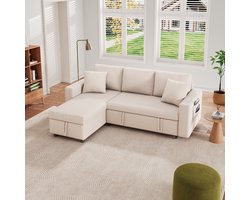 OKWISH Slaapbank Hoekbank – 3-4-Zits Met Verwisselbare Chaiselongue & Opbergruimte – Hoge Rugleuning – 219.5x142.5x83 cm – Linnen – Beige