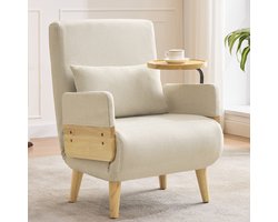 OKWISH Slaapstoel – 3-in-1 Omvormbare Loungestoel Voor 1 Persoon Met Houten Tablet, 6-Posities Rugleuning En Afneembare Kussens – Linnen – Beige