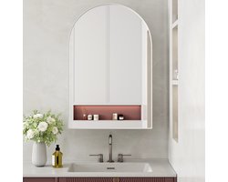 OKWISH Spiegelkast – Boogmodel – 1 Deur – Inbouw Of Wandmontage – Verstelbare Planken – Met Metalen Frame – Wit – Geschikt Voor Vochtige Badkamers