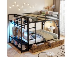 OKWISH Stapelbed 140x200cm – Met Slimme Ledverlichting – Met Kledingstang – Met 2 Lades En Planken – Zonder Matras – Metaal – Zwart