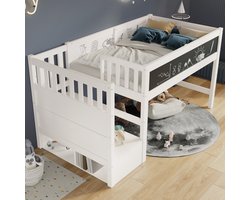 OKWISH Stapelbed 90x200 cm - Hoogslaper met Schrijfbord (Wit Of Zwart) - Valbeveiliging en Trap met Opbergruimte - Hout;MDF - Wit - Zonder matras