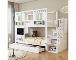 OKWISH Stapelbed 90x200cm – Met Trapkast En 2 Lades – Met Krijtbord En Ophangbord – Voor Kinderkamer – Hout En MDF – Zonder Matras – Wit Groen