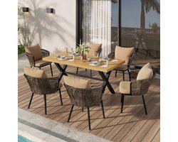 OKWISH Tuin Eetset 6 Personen 150x75x75 Cm - Met 6 Stoelen En Zitkussens - Rotan Rugleuning - Ijzeren Frame - Khaki Naturel