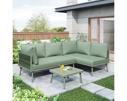 OKWISH Tuin Loungeset 3 Delig 120 x 60 x 72 Cm - Handgeweven Touw, Geharde Glasplaat - Voor Terras En Tuin - IJzer - Groen