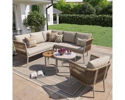 OKWISH Tuin Loungeset 6-Delig 5-6 Personen - Modulair Hoekbank Set Met 2 Tafels - Terras Balkon - Olefin Metaal - Beige
