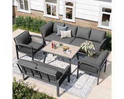 OKWISH Tuin Loungeset 8 Personen 124 X 69 X 86 Cm Verstelbare Poten Kussens Inclusief Metaal Polyester Houtlook Grijs