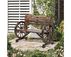 OKWISH Tuinbank 105,5 X 56 X 79 Cm - Landhuisstijl Met Wagenwiel Armleuningen - Comfortabele 2 Zits Zitbank Voor Tuin En Terras - Hout - Bruin