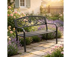 OKWISH Tuinbank 2-Zits – Met Armleuningen En Decoratieve Rugleuning – Voor Tuin En Terras – Gietijzer En Metaal – Zwart