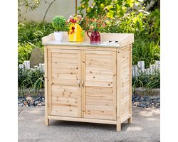 OKWISH Tuinbergingkast - Met Werkblad Met Verzinkt Ijzer - Voor Tuingereedschap En Potten - Massief Vurenhout Naturel - 83x40x92 Cm