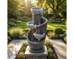 OKWISH Tuinfontein met LED en waterpomp – Natuursteenlook – Voor tuin, balkon en terras– Hars – Grijs