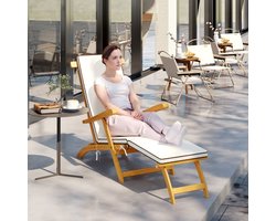 OKWISH Tuinligbed 155 X 54 X 86 Cm - Opklapbaar Met Verstelbare Voetensteun En Kussens - Voor Tuin Strand En Zwembad - Hout - Teak