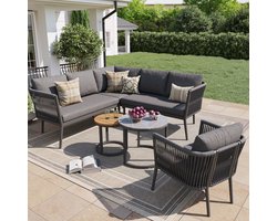 OKWISH Tuinlounge Set 6 Delig - Modulaire Hoekbank Voor Balkon En Terras - Met Kussens En 2 Tafels - Metaal Olefin - Grijs