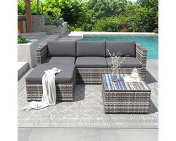OKWISH Tuinloungeset 196 x 136 cm - Hoekbank Met Tafel En Hocker - Weerbestendig Polyrattan - Balkon En Tuin - Grijs