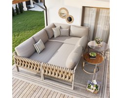 OKWISH Tuinloungeset 5 Tot 6 Personen - Modulair Met Verstelbare Tafelpoten - Balkon Tuin Terras - Metaal Olefin - Beige