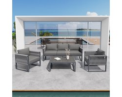 OKWISH Tuinloungeset 5 Zits 4 Delig - Met Verstelbare Poten En Afneembare Kussens - Voor Balkon Terras Of Tuin - Metaal - Grijs