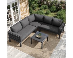 OKWISH Tuinmeubelset 4 Tot 5 Zitplaatsen - Bank Met Kussens En Salontafel Met Gehard Glas - Verstelbare Poten - IJzer - Grijs