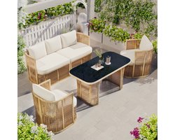 OKWISH Tuinmeubelset 5 Delig Met 3 Zitsbank En 2 Fauteuils En Tafel Met Glasplaat Voor Balkon En Terras Metaal Beige