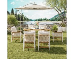 OKWISH Tuinmeubelset 7 Delig 159,5 X 77,5 X 75 Cm - 1 Tafel 6 Stoelen Met Kussens - Rotan Look - Ijzer Polyester - Beige