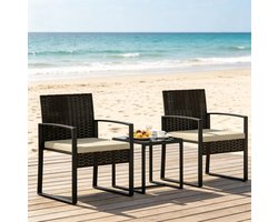 OKWISH Tuinmeubelset – Bistroset Voor 2 Personen Met Tafel En Stoelen – Rietlook, Kussens En Glazen Blad – Balkon En Terras – Zwart En Bruin