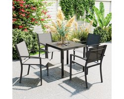 OKWISH Tuintafel 73 X 73 Cm - Weerbestendige Eettafel Voor 4 Personen - Antislip Poten - Aluminium Met Houtlook Blad - Zwart