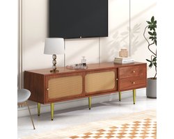 OKWISH TV-kast - Houten TV-meubel met 2 Rattan schuifdeuren, 2 lades en 4 opbergvakken - Verstelbare platen en kabelmanagement - Voor woonkamer, eetkamer en slaapkamer - 160x40x60 cm - MDF - Bruin