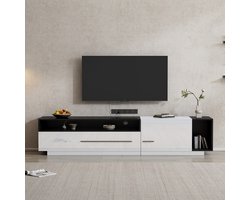OKWISH TV-kast - TV-meubel Hout Hoogglans met Schublade, Deur en Open Vak - Modern TV-Board voor woonkamer en slaapkamer - 170x38x42,3 cm - Hout - Wit + Zwart
