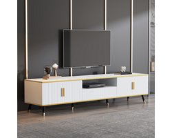 OKWISH TV-kast - TV-meubel Wit met Marmor-Design, 3 Schubladen en Kabeldoorvoer - Geschikt voor televisies tot 90 inch - Voor woonkamer en eetkamer - 200x40x46 cm - Spaanplaat - Wit