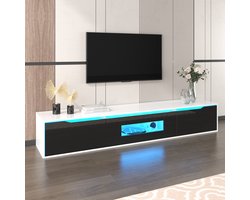 OKWISH TV-kasten 180x30x35 cm - TV meubel Met LED-verlichting - Modern Design Met Hoogglans Zwart Paneel - Rechthoekig - TV meubel wit - Spaanplaat - Wit