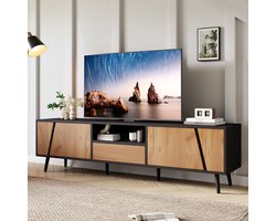 OKWISH Tv-meubel - 180x40x46 cm - 2 Deuren 1 Lade - Halfopen Plank - Massief Houten Poten - Spaanplaat Zwart+Notenbruin - Geschikt Voor 75 Inch TV