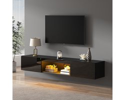 OKWISH TV-Meubel – 2 Deuren – Met LED-Verlichting (Bluetooth-App) – Hoogglans Opbergruimte – MDF/Spaanplaat Zwart – 160×31×22 cm – Geschikt Voor 70 Inch TV