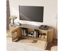 OKWISH Tv Meubel - 3D Deurfronten Met Verticale Structuur - Ovale Glazen Vitrine - MDF Naturel - 172×38×45,5 Cm