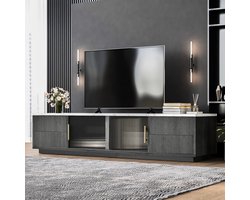 OKWISH TV-Meubel – Deluxe Serie 160×40×38.5 cm – 2 Glazendeuren + 4 Lades – Met Druk-Open Lades – Marmerlook Tafelblad – MDF Grijs – Geschikt Voor 70 Inch TV – Kabelmanagement