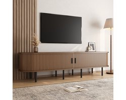 OKWISH Tv-Meubel - Geribbelde Schuifdeuren - 2 Open Vakken - Voor Woonkamer - MDF Walnoot - 170 x 40 x 46 cm