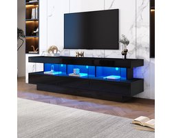 OKWISH TV-Meubel - Hoogglans - 3 Glazen Planken - Met LED & Bluetooth-App - Kleurinstelling & Muziekmodus - Spaanplaat Zwart - 160x38x50.5 cm