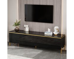OKWISH Tv Meubel - Hoogglans Met Gouden Details - Woonkamer Met Opbergruimte - 4 Deuren - Spaanplaat - 170×38×50 Cm - Zwart