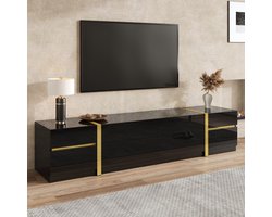 OKWISH Tv-Meubel - Hoogglans Met Goudkleurige Details - 4 Lades En 2 Deuren - Voor Woonkamer - Zwart MDF - 180x40x38 Cm