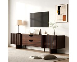 OKWISH Tv Meubel - Met 2 Lades En 2 Lamellendeuren - Voor Tv Tot 75 Inch - Mdf Donker Eiken - 180x40x45 Cm