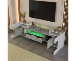 OKWISH Tv Meubel - Met Led Verlichting - 200x35x60 Cm - 6 Deuren 2 Lades 3 Vakken - Hoogglans Wit Betonlook - Mdf