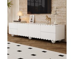 OKWISH TV-Meubel - Minimalistisch Modern - Met Deuren En Laden - Zonder LED - Elegante Strakke Vormgeving Met Rond Afgeronde Randen - MDF Wit - 175x38x37 cm