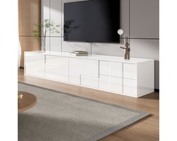 OKWISH TV-Meubel – Modern – 3 Deuren 2 Lades – Greeploos Met Geometrisch Structuurfront – Zonder LED – Strak En Opgeruimd Met Veel Opbergruimte – MDF;Spaanplaat Wit – 170x30x30,5 cm