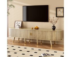 OKWISH TV-Meubel – Naturel – 2 schuifdeuren – 2 lades – Rustieke stijl met gouden accenten – MDF Lichtbruin – met open planken – 175x38x45 cm