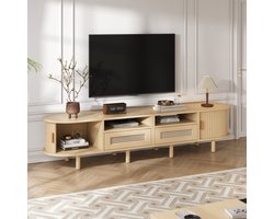 OKWISH Tv Meubel – Ovale Blad – 170×40×40 Cm – 2 Laden Met Rotanlook – 2 Schuifdeuren – Opbergruimte – MDF Licht Eiken