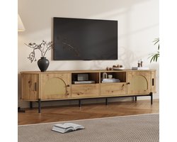 OKWISH Tv-Meubel – Ovale Vorm Met Rotan Schuifdeuren En Lades – Woonkamer – MDF Naturel – 200 x 40 x 49,5 cm