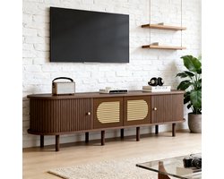 OKWISH Tv Meubel - Ovale Vorm - Voor Tv Tot 80 Inch - Donker Eiken Walnootkleur - MDF Met Rotan Deuren - 180×40×40 Cm