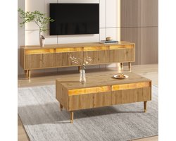 OKWISH Tv-Meubel & Salontafel Set – 4 Deuren TV-Meubel 2 Laden – Met 7-Kleurige LED Afstandsbediening – 3D Golfstructuur Acrylfront – MDF Houtkleur