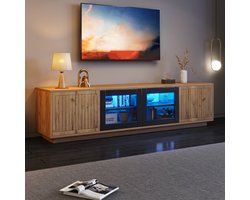 OKWISH TV-Meubel – Serie Lotus – 4 Deuren (2 Geharde Glasdeuren) – Met App-Gestuurde LED-Lichtstrip – Moderne Opbergruimte Met 3 Niveaus – Spaanplaat Lichtbruin+Zwart – 180x40x45 cm – Geschikt Voor 75 Inch TV