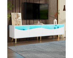 OKWISH TV Meubel - Stijlvolle TV-Kast met Glasdeuren en LED-Verlichting - Ruim Opbergvak en Elegante Gouden Poten - Voor de Woonkamer - 180x40x50 cm - MDF - Wit