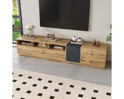 OKWISH TV meubel - TV-kast met grijs-houten oppervlak en kabelopeningen - Veel opbergruimte - Voor de woonkamer - 200x45x45 cm - Spaanplaat - Naturel