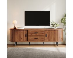 OKWISH TV Meubel – Walnoot – 2 Schuifdeuren En 2 Lades – Met Open Vakindeling – Ronde Uiteinden En Zwarte Handgrepen – MDF En Spaanplaat – 160 Cm